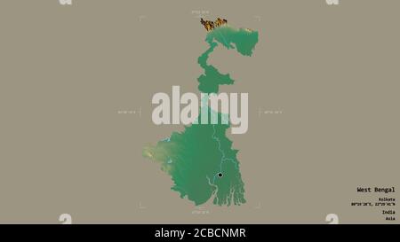 Area del Bengala Occidentale, stato dell'India, isolata su uno sfondo solido in una scatola di delimitazione georeferenziata. Etichette. Mappa di rilievo topografico. Rendering 3D Foto Stock