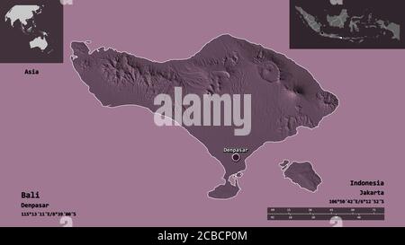 Forma di Bali, provincia dell'Indonesia, e la sua capitale. Scala della distanza, anteprime ed etichette. Mappa di elevazione colorata. Rendering 3D Foto Stock