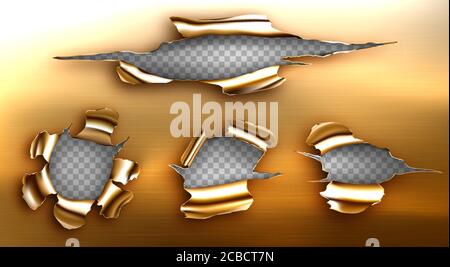 Fori strappati, incrinature sfilacciate in fogli dorati. Vettore realistico mockup di bordi strappati di metallo rottura, bullet buchi isolati su sfondo trasparente. Pagina di rame danneggiata a causa di colpi, tagli o esplosioni Illustrazione Vettoriale