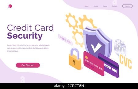Banner di sicurezza della carta di credito. Concetto di protezione dei pagamenti online e dei soldi da frodi e truffe mobili. Landing page vettoriale con carte bancarie isometriche, scudo e lucchetto Illustrazione Vettoriale