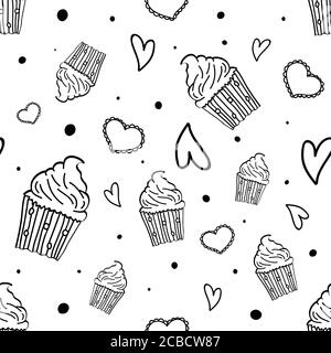 Motivo senza cuciture disegnato a mano con cupcakes, cuori e puntini. Sfondo del party. Illustrazione vettoriale. Illustrazione Vettoriale