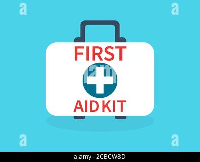 Kit di pronto soccorso isolato su sfondo blu. Visita medica. Progettazione sanitaria in stile piatto. Scatola del kit di pronto soccorso con apparecchiatura medica per i pazienti emergenti Illustrazione Vettoriale