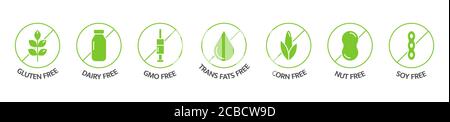 Etichette biologiche per cibi e bevande. Cibo dietetico. Icone della linea allergenica senza prodotti. Prodotti naturali adesivi verdi. Intolleranza alimentare. Mangiare sano. OGM Illustrazione Vettoriale