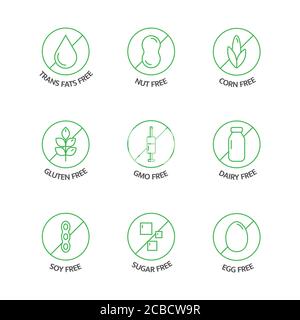 Adesivi biologici per cibi e bevande. Icone della linea allergenica senza prodotti. Intolleranza alimentare. Prodotti naturali etichette verdi. Cibo dietetico. Mangiare sano. OGM Illustrazione Vettoriale