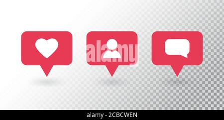 Notifica dei follower. Social media Imposta le icone delle notifiche: Come, follower, commento. Nuovo messaggio di colore rosso. Richiesta amico quantità numero notificat Illustrazione Vettoriale