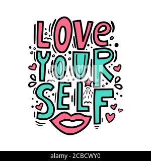 Amatevi - citazione motivazionale. Moderna scritta con pennarello. Ti piace il testo a colori fatto a mano. Disegno stampabile manoscritto, frase trendy per t- Illustrazione Vettoriale
