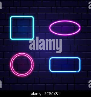 Set di striscioni al neon. Colorare le cornici al neon sulla parete in mattoni. Cartello notturno realistico e luminoso. Effetto neon brillante. Notte pubblicità luminosa. Vettore illustrati Illustrazione Vettoriale