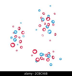 Come e pollici su icone composizione su sfondo bianco. Elementi che cadono sui social media. Streaming live, chat video. simbolo del social network 3d. Contatore NO Illustrazione Vettoriale