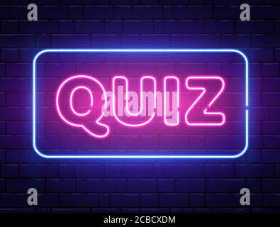 Banner di testo al neon del quiz sulla parete in mattoni. Domande gioco di squadra. Poster del quiz notturno. Cartello al neon del pub. Notte pubblicità luminosa. Illustrazione vettoriale. Illustrazione Vettoriale