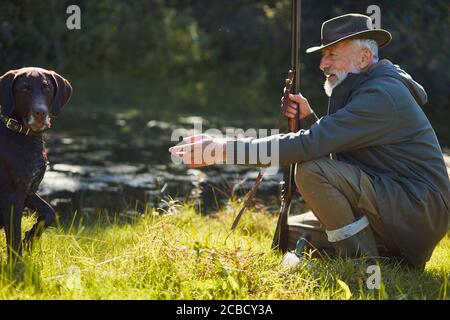 Cane cacciatore obbediente sedersi con il suo proprietario vicino lago foresta dopo la caccia su anatre selvatiche. Buon lavoro piccolo amico, cane amico Foto Stock