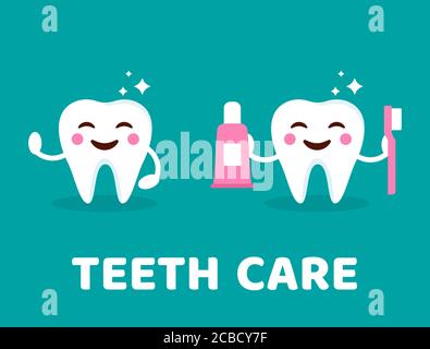 Concetto di cura dei denti. Un sano dente sorridente con spazzolino da denti e dentifricio. Denti carini con emoji felice. Dente con effetto brillante. Pulizia dei denti desig Illustrazione Vettoriale