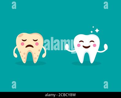 Denti sorridenti sani con stelle lucenti. Piangendo giallo cattivo dente malato. Design per la cura dei denti. Carino dente con emoji felice e triste. Concetto di clinica odontoiatrica. Illustrazione Vettoriale