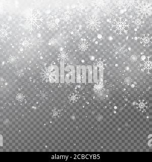Fiocchi di neve in caduta realistica isolati su sfondo trasparente. Sfondo invernale con neve e fiocchi di neve. Texture bianca magica delle nevicate. Design xmas Illustrazione Vettoriale
