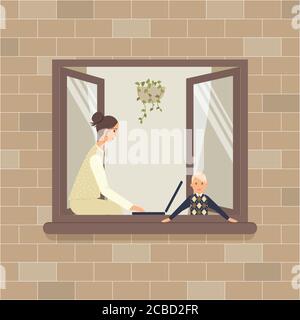Donna rimanere a casa durante il lavoro Epidemic.Remote durante la quarantena a causa di un virus. La mamma che lavora in splendidi pigiami funziona su un computer portatile Illustrazione Vettoriale