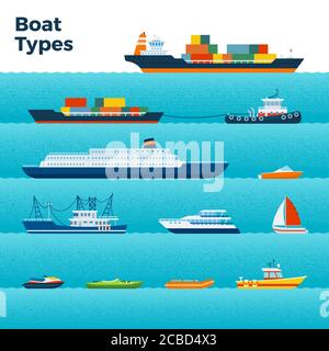 Set di diversi tipi di imbarcazioni su immagini vettoriali a onde blu in un design piatto. Illustrazione Vettoriale