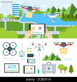 Controllo di un drone sullo sfondo di un vettore di paesaggio urbano illustrazione in design piatto Illustrazione Vettoriale