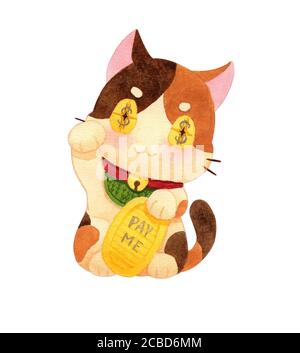 Maneki neko, giappone fortunato fascino. Il gatto calico alzò il piede destro, il piede sinistro tiene una moneta koban. Pittura a mano acquerello su sfondo bianco. Foto Stock