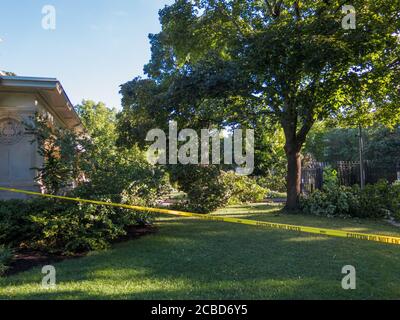 Rami di albero soffiati giù da derecho a casa piacevole. Oak Park, Illinois. Foto Stock