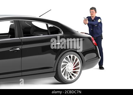 L'ufficiale di polizia si trova dietro l'auto e spara la pistola - isolato su sfondo bianco - Illustrazione 3D Foto Stock