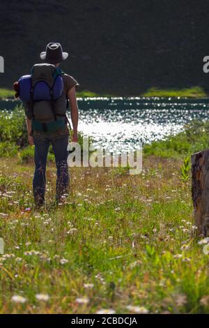 Escursionista maschile con grande zaino si trova in prato con fiori selvatici vicino a un lago alpino chiamato [Ute] Lago nella Weminuche Wilderness vicino Creede, Colora Foto Stock