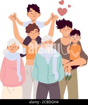 Madre padre e figli con nonni cartoni animati design, relazione di famiglia e tema di generazione illustrazione vettoriale Illustrazione Vettoriale