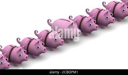 Ricchi e poveri. Il banco pieno di piggy è in una fila di banchi vuoti di piggy, avvolge intorno al nastro e con gli occhi rigonfianti, su una superficie bianca. Illustrazione 3D Foto Stock