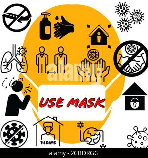 Illustrazioni di maschere, virus della corona, blocco, quarantena, distanza sociale, igienizzatore e icone relative a COVID-19. Poster delle icone relative a COVID-19 Foto Stock