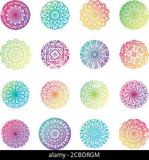 bundle di sedici mandala colorate set di icone collezione illustrazione vettoriale design Illustrazione Vettoriale