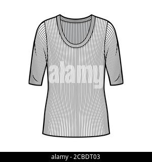 Maglione a maglia con manico a coste, illustrazione tecnica della moda con maniche a gomito, corpo oversize, lunghezza tunica. Modello di abbigliamento da outwear piatto, colore bianco. Mockup maglia unisex donna, uomo Illustrazione Vettoriale