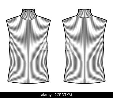 Maglia a costolette turleneck illustrazione tecnica di moda con corpo oversize, jumper senza maniche. Modello di abbigliamento per camicia piatta davanti, dietro, colore bianco. Donne, uomini unisex top CAD mockup Illustrazione Vettoriale