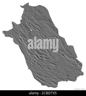 Forma di Fars, provincia dell'Iran, con la sua capitale isolata su sfondo bianco. Mappa elevazione bilivello. Rendering 3D Foto Stock