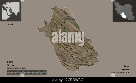 Forma di Fars, provincia dell'Iran, e la sua capitale. Scala della distanza, anteprime ed etichette. Immagini satellitari. Rendering 3D Foto Stock