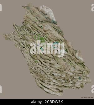 Forma di Fars, provincia dell'Iran, con la sua capitale isolata su uno sfondo di colore pieno. Immagini satellitari. Rendering 3D Foto Stock