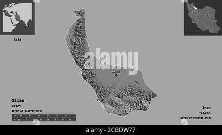 Forma di Gilan, provincia dell'Iran, e la sua capitale. Scala della distanza, anteprime ed etichette. Mappa elevazione bilivello. Rendering 3D Foto Stock