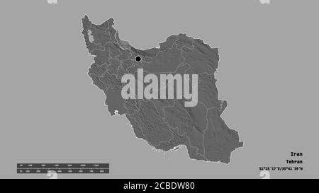 La forma desaturata dell'Iran con la sua capitale, la principale divisione regionale e l'area Gilana separata. Etichette. Mappa elevazione bilivello. Rendering 3D Foto Stock