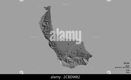 Area di Gilan, provincia dell'Iran, isolata su uno sfondo solido in una scatola di delimitazione georeferenziata. Etichette. Mappa elevazione bilivello. Rendering 3D Foto Stock