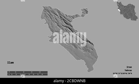 Forma di Ilam, provincia dell'Iran, con la sua capitale isolata su solido sfondo. Scala della distanza, anteprima della regione ed etichette. Mappa elevazione bilivello. 3D r Foto Stock