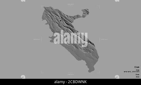 Area di Ilam, provincia dell'Iran, isolata su uno sfondo solido in una scatola di delimitazione georeferenziata. Etichette. Mappa elevazione bilivello. Rendering 3D Foto Stock