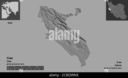 Forma di Ilam, provincia dell'Iran, e la sua capitale. Scala della distanza, anteprime ed etichette. Mappa elevazione bilivello. Rendering 3D Foto Stock