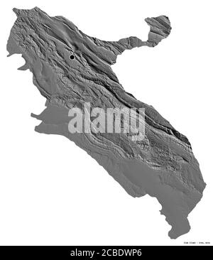 Forma di Ilam, provincia dell'Iran, con la sua capitale isolata su sfondo bianco. Mappa elevazione bilivello. Rendering 3D Foto Stock