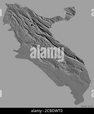 Forma di Ilam, provincia dell'Iran, con la sua capitale isolata su uno sfondo di colore pieno. Mappa elevazione bilivello. Rendering 3D Foto Stock