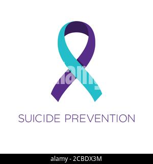 Nastro per la prevenzione del suicidio. Colore viola e turchese. Prevenzione delle malattie, diagnosi, trattamento, cura e campagna di sostegno. Consapevolezza della depressione. Illustrazione Vettoriale