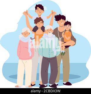 Madre padre e figli con nonni cartoni animati design, relazione di famiglia e tema di generazione illustrazione vettoriale Illustrazione Vettoriale