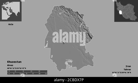 Forma di Khuzestan, provincia dell'Iran, e la sua capitale. Scala della distanza, anteprime ed etichette. Mappa elevazione bilivello. Rendering 3D Foto Stock