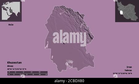 Forma di Khuzestan, provincia dell'Iran, e la sua capitale. Scala della distanza, anteprime ed etichette. Mappa di elevazione colorata. Rendering 3D Foto Stock