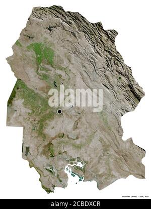 Forma di Khuzestan, provincia dell'Iran, con la sua capitale isolata su sfondo bianco. Immagini satellitari. Rendering 3D Foto Stock