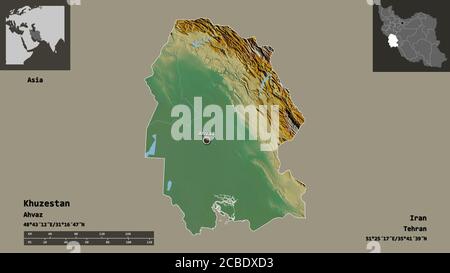 Forma di Khuzestan, provincia dell'Iran, e la sua capitale. Scala della distanza, anteprime ed etichette. Mappa di rilievo topografico. Rendering 3D Foto Stock