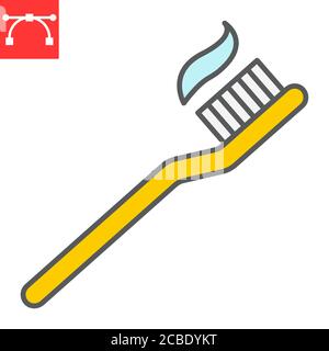 Icona della linea di colori dello spazzolino, dentistico e stomatolgico, spazzolino da denti con grafica vettoriale del segno dentifricio, icona del contorno con tratto modificabile, eps 10. Illustrazione Vettoriale