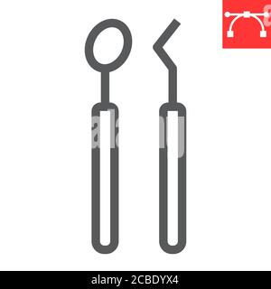 Icona della linea di strumenti dentali, dentale e stomatolgia, strumenti dentistici segni grafica vettoriale, icona tratto lineare modificabile, eps 10. Illustrazione Vettoriale