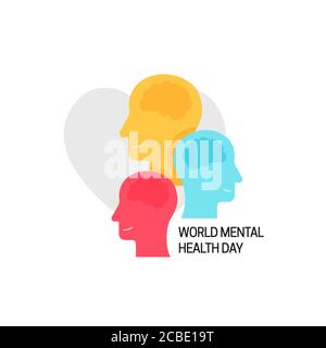 Poster del concetto della giornata mondiale della salute mentale. Gruppo di teste umane colorate con l'illustrazione del vettore cerebrale sullo sfondo del cuore d'amore. Illustrazione Vettoriale